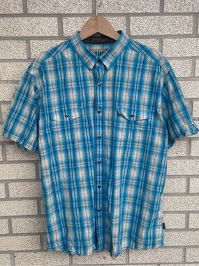KUHL Skorpio Plaid Short Sleeve Shirt Mens XXL Blue Linen Cotton Hiking Gorpcore